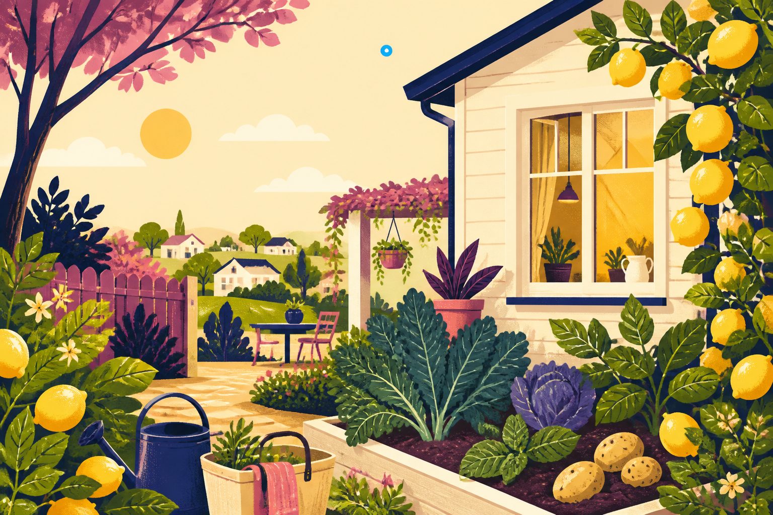 A sunny, text-free suburban house with one bright window overlooking lemon, kale, potatoes and exuberant mint.