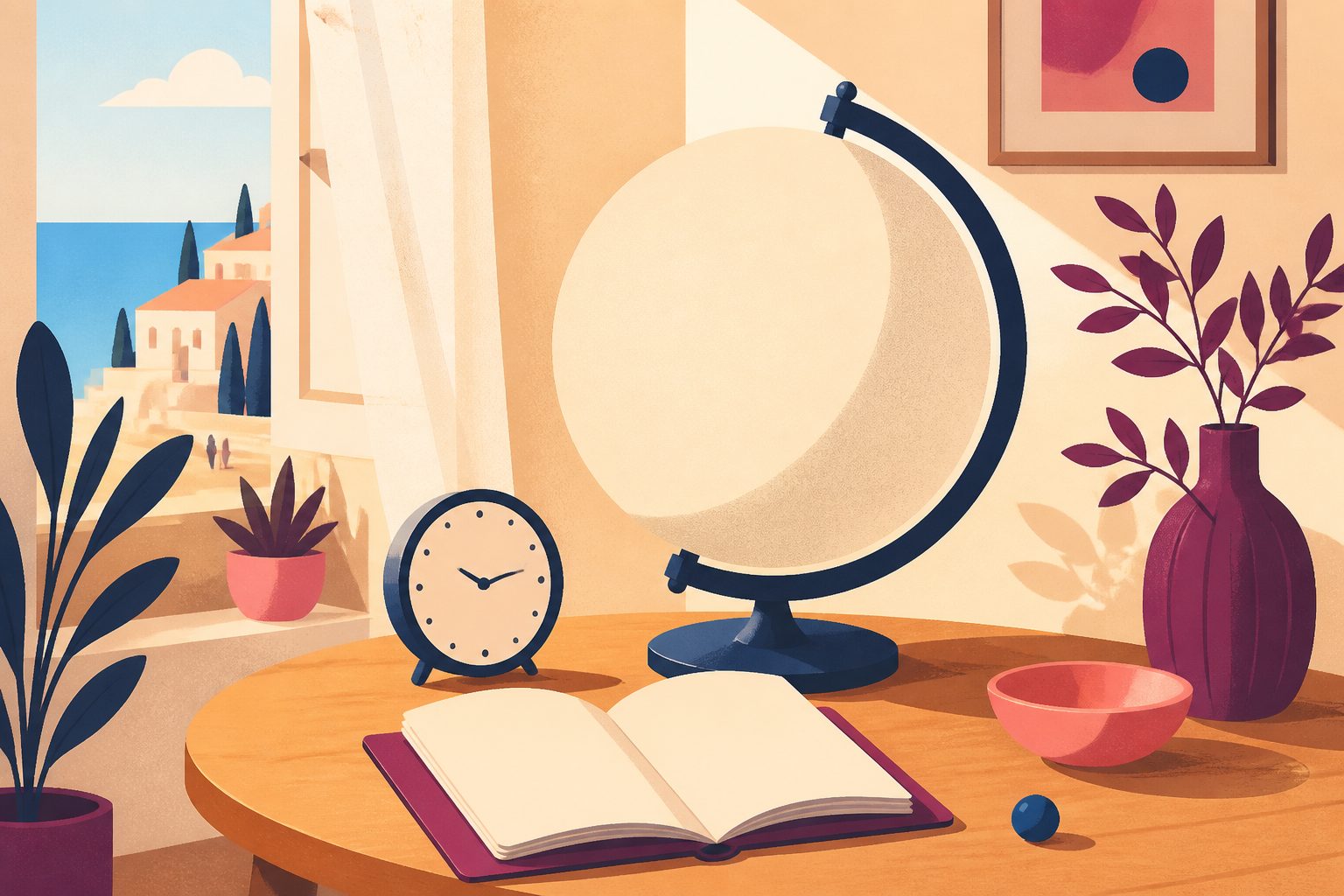 A sunny, person-free still life of a blank cream globe, a small unmarked clock and an open passport-shaped booklet with empty pages on a low table, with a tiny round blue dot and no text or logos.