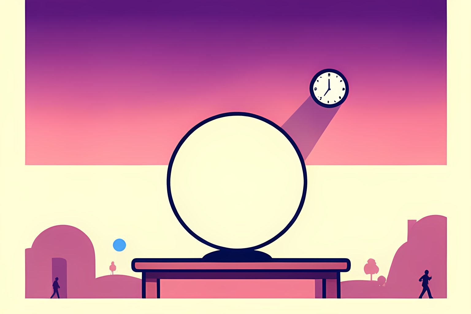A sunny, person-free wide scene of a blank globe on a cream table beneath a broad plum and pink sky, with a small unmarked clock casting a long morning shadow and a tiny round blue dot.