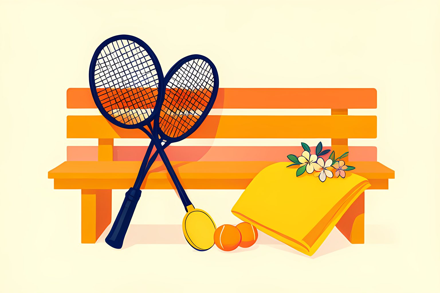 Bright stylized illustration of two unmarked tennis rackets leaning together beside a small gold medal on a sunny clay-court bench.