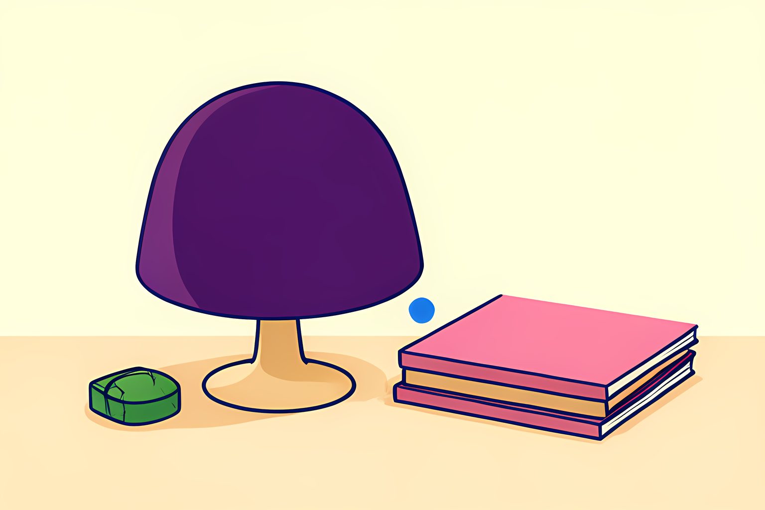 A warm tabletop still life showing a bowl-cut wig on a stand, a small green ring box, a cracked gym whistle, and a stack of blank plum-colored comic-book covers under soft side light.