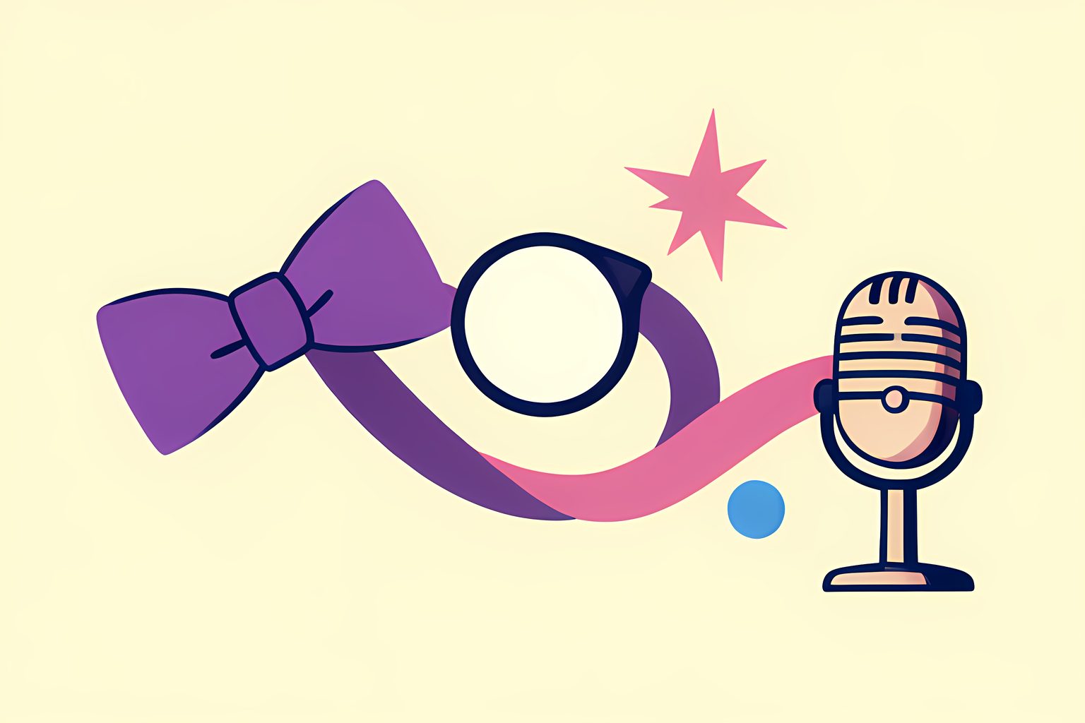 A bright, text-free diagram-like illustration of a plain bow resting opposite a small vintage studio microphone, joined by one graceful plum line over warm cream, with no people, logos or lettering.