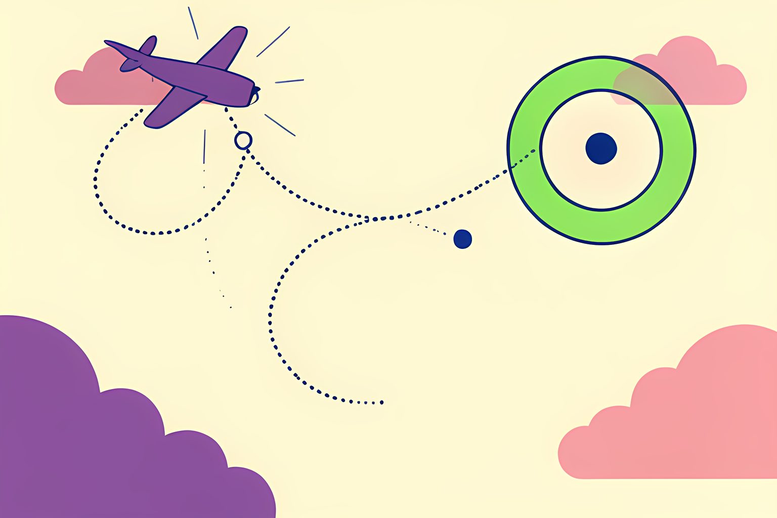An abstract looping flight path drawn by a small propeller plane that curls into a glowing green circle against a pale morning sky.