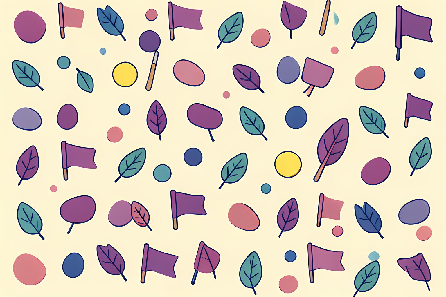 A cheerful text-free pattern of small cream clay stones, paper leaves and plum quest flags, interrupted by one small yellow light beside a feather-shaped wooden token, with a tiny blue dot and no people, logos or character likenesses.