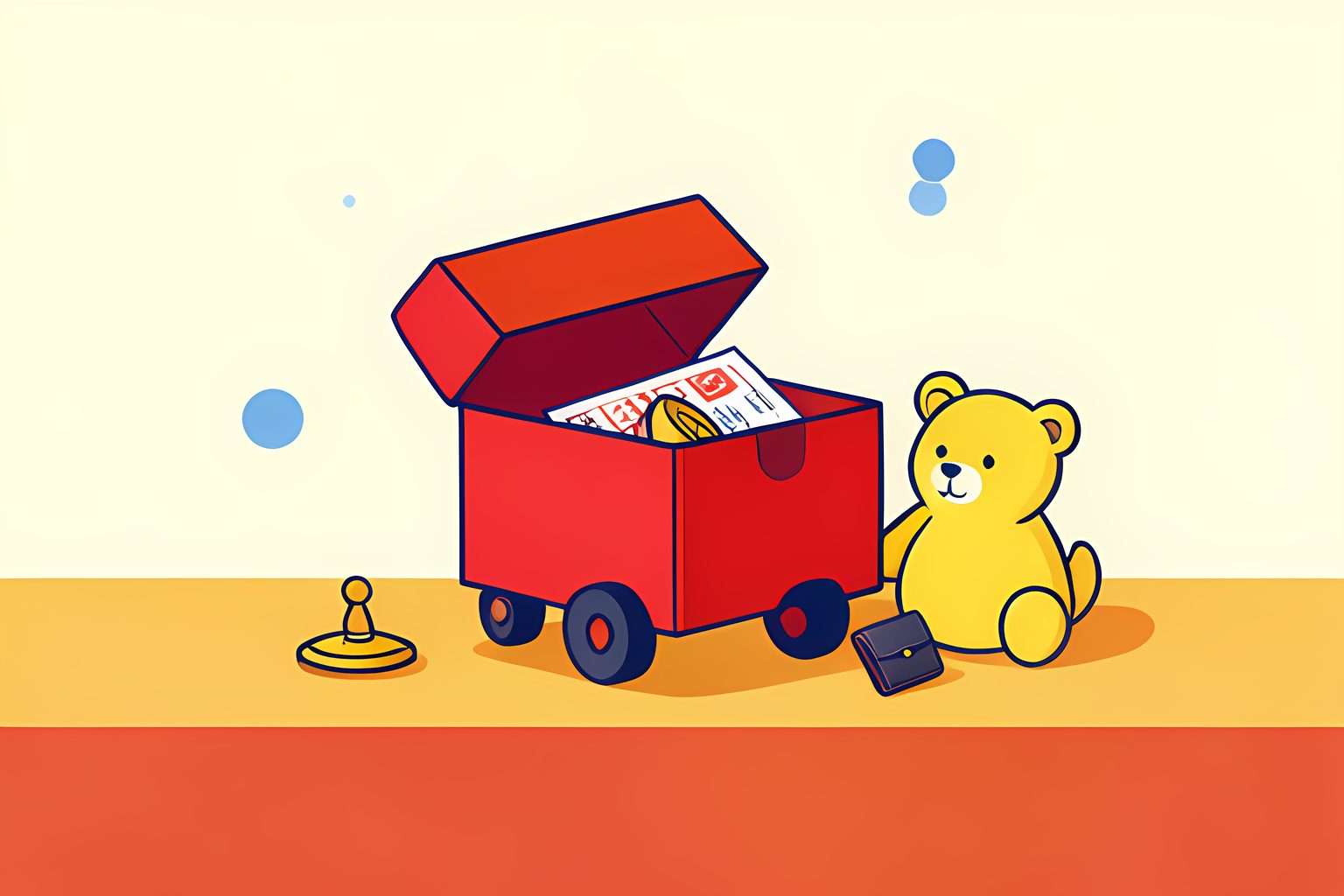 A small red box shaped like a circus wagon with its lid slightly open, spilling a stencil, a spinning top and a tiny wallet onto a warm table, one plump plush animal beside them under side light.
