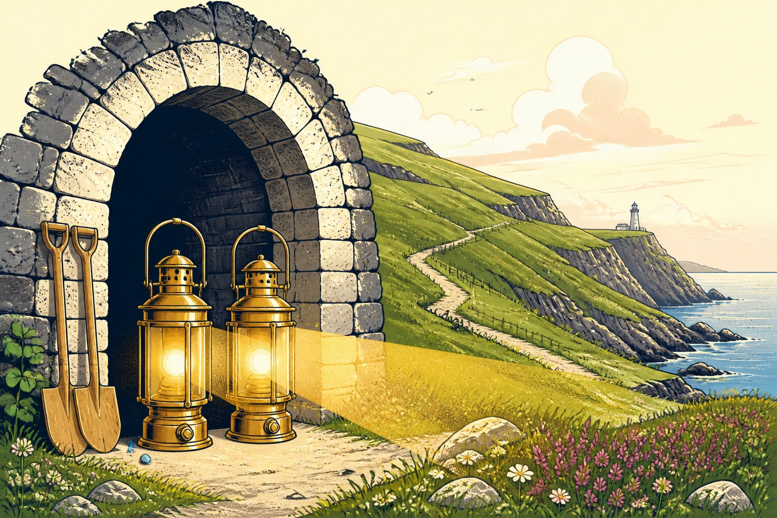 Two identical vintage brass lanterns standing together at an arched stone tunnel opening in a green Irish mountain hillside.