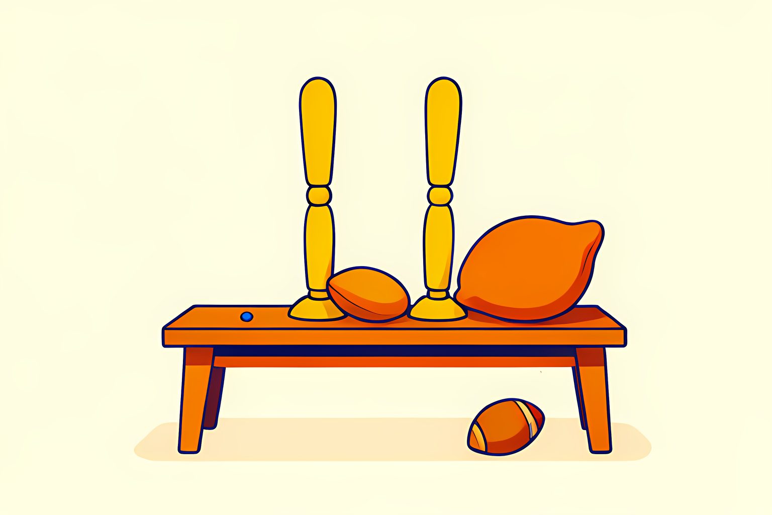 A flat illustration of two smooth wooden artist's mannequin legs standing upright on a sunny grass field, with a soft orange cushion placed safely beside them and a small football resting nearby.