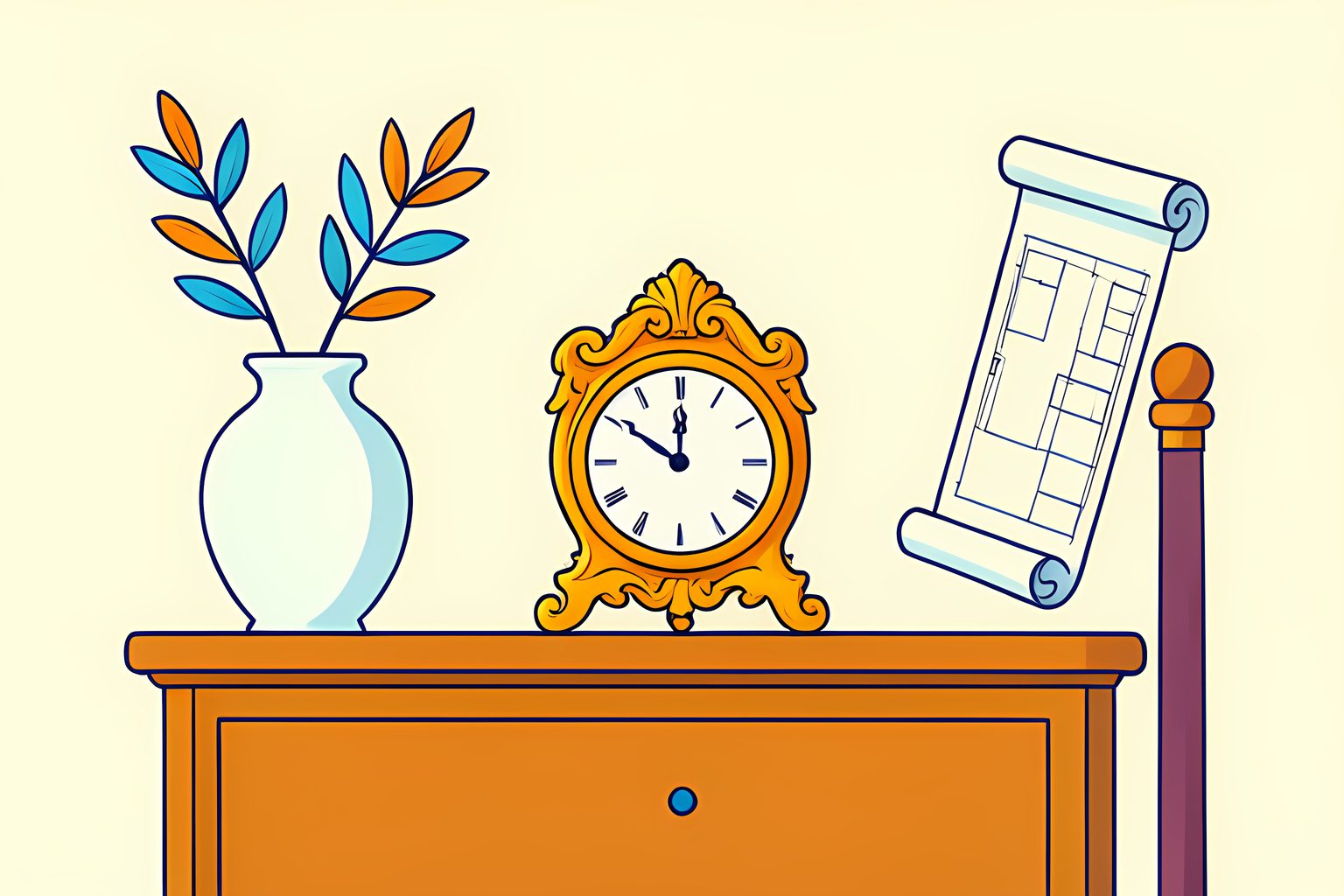 A bright stylized still-life illustration of an ornate brass clock and porcelain vase beside a velvet rope stanchion on warm cream with a small blue dot