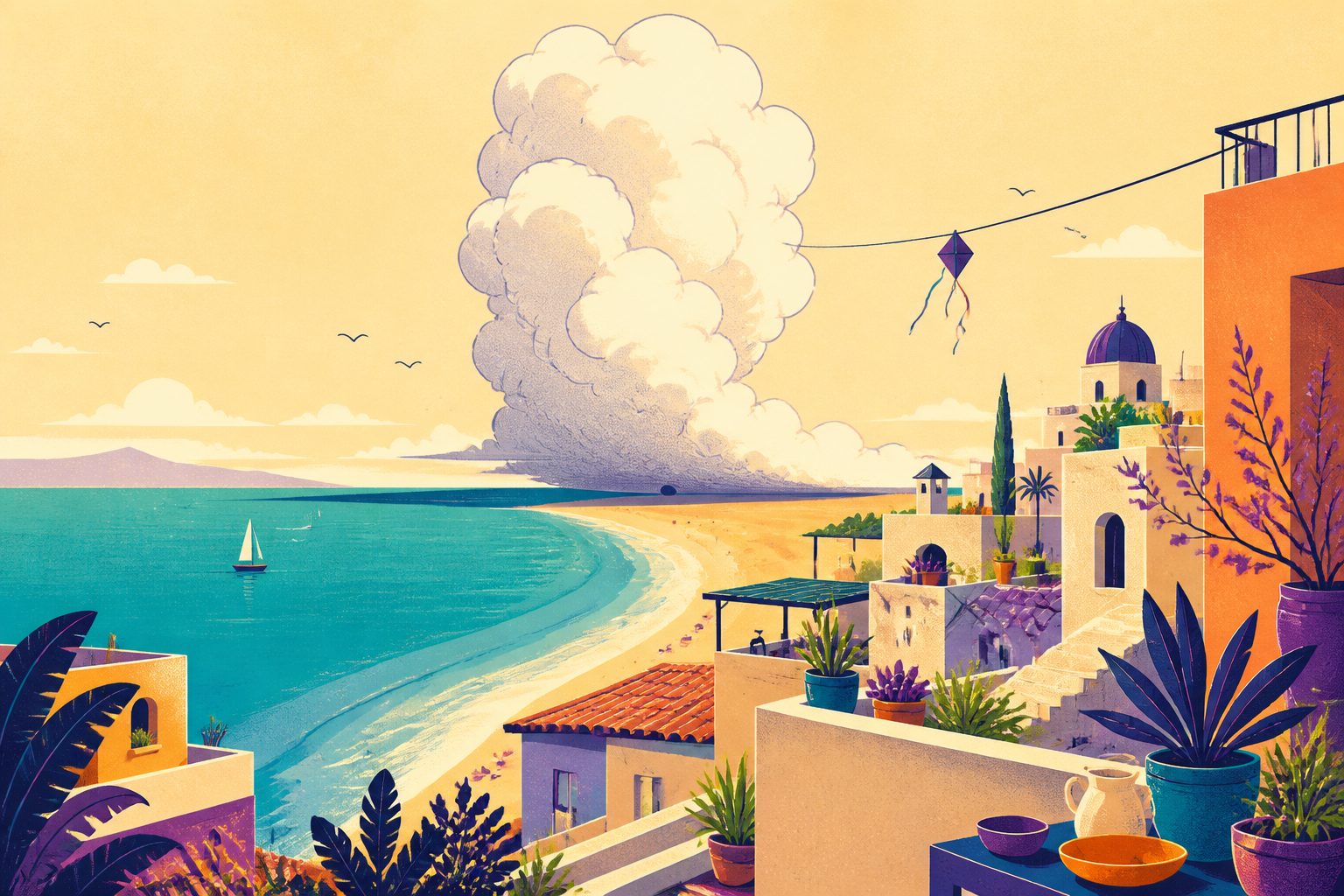 Illustration of a curving shoreline where a glassy gulf meets sunlit rooftops, with one tall puffy cloud rising directly above the point where the two winds meet.