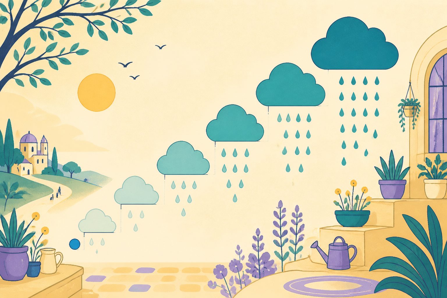 Illustration of five raincloud shapes arranged in a rising staircase, growing larger and deeper in color from one end to the other, each trailing a few simple raindrops.