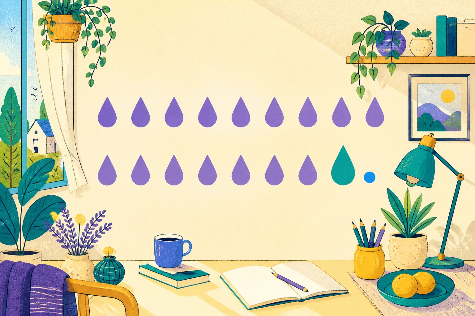Illustration of two neat rows of identical raindrop shapes running side by side, with one raindrop near the end of the lower row glowing larger and brighter than the rest.