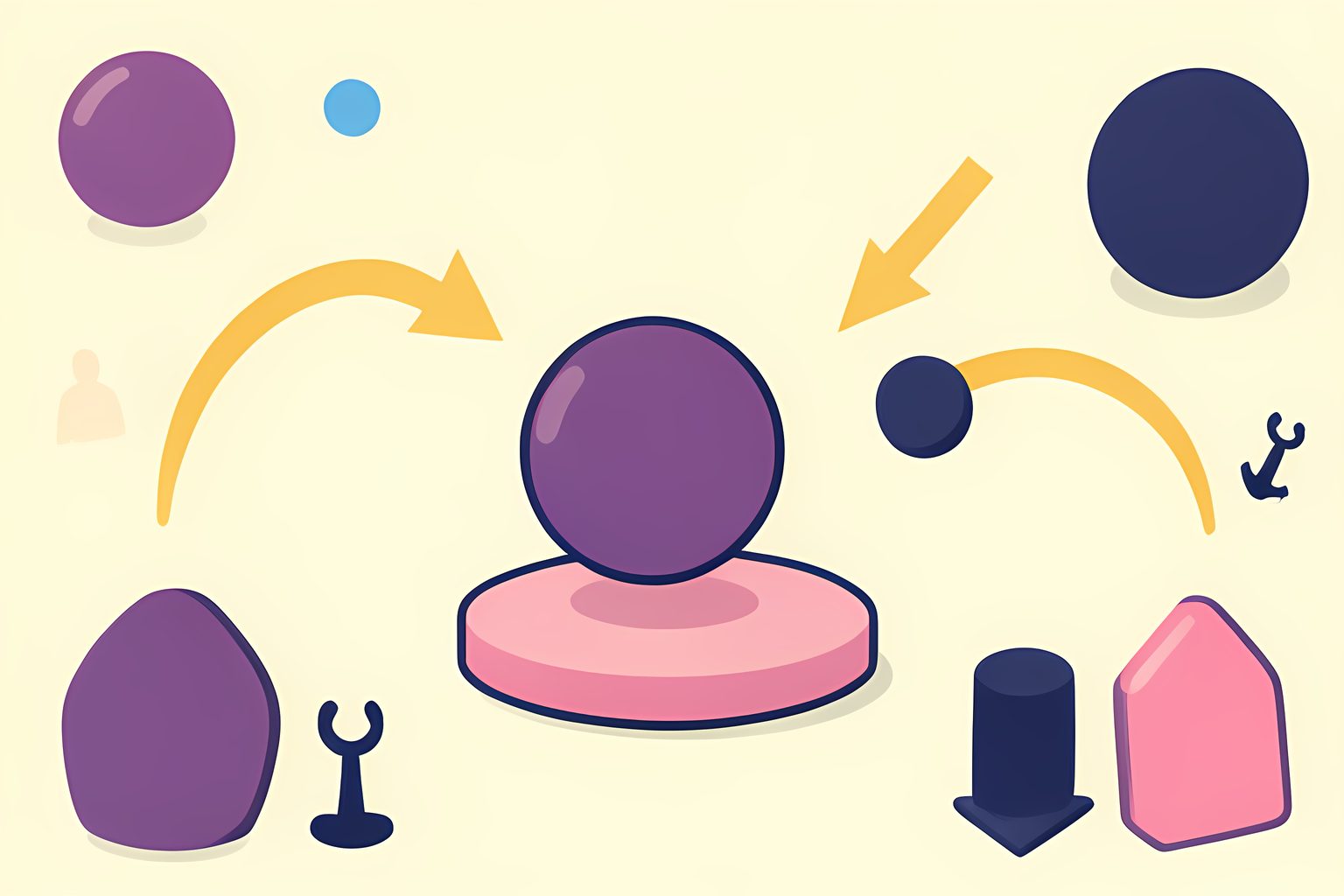A bright, text-free visual metaphor of a plum game piece safely lifted from a small platform while amber paper arrows curl toward two newly arranged navy pieces.
