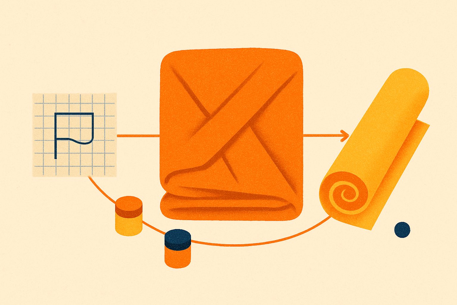 Stylized diagram-style illustration of a pencil sketch on graph paper, a large folded orange cloth, and a rolled banner connected by arrows, with small paint pots.