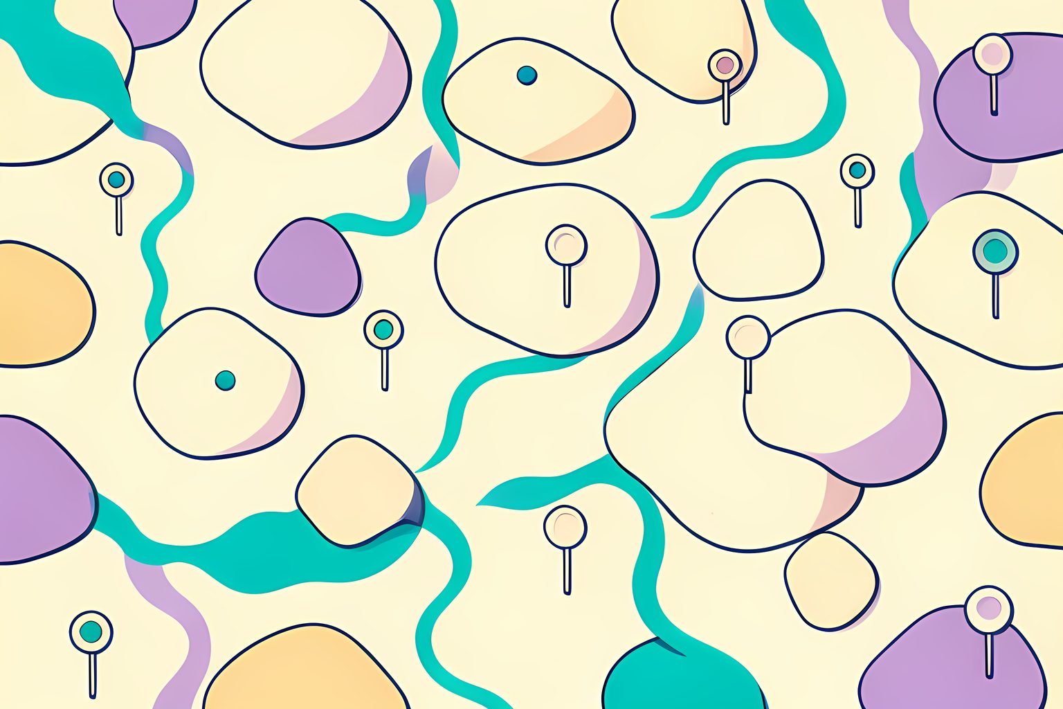 A cheerful repeating pattern of cream quartz boulders, little teal stream curves, and blank survey markers, with one stream line visibly offset and a tiny round blue dot, all without text or labels.