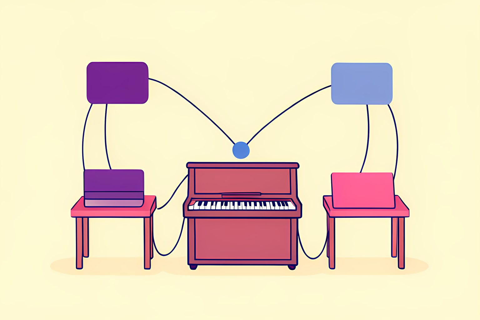 A bright editorial diagram of two blank cue cards connected by looping cords to a small piano, with one blue dot.