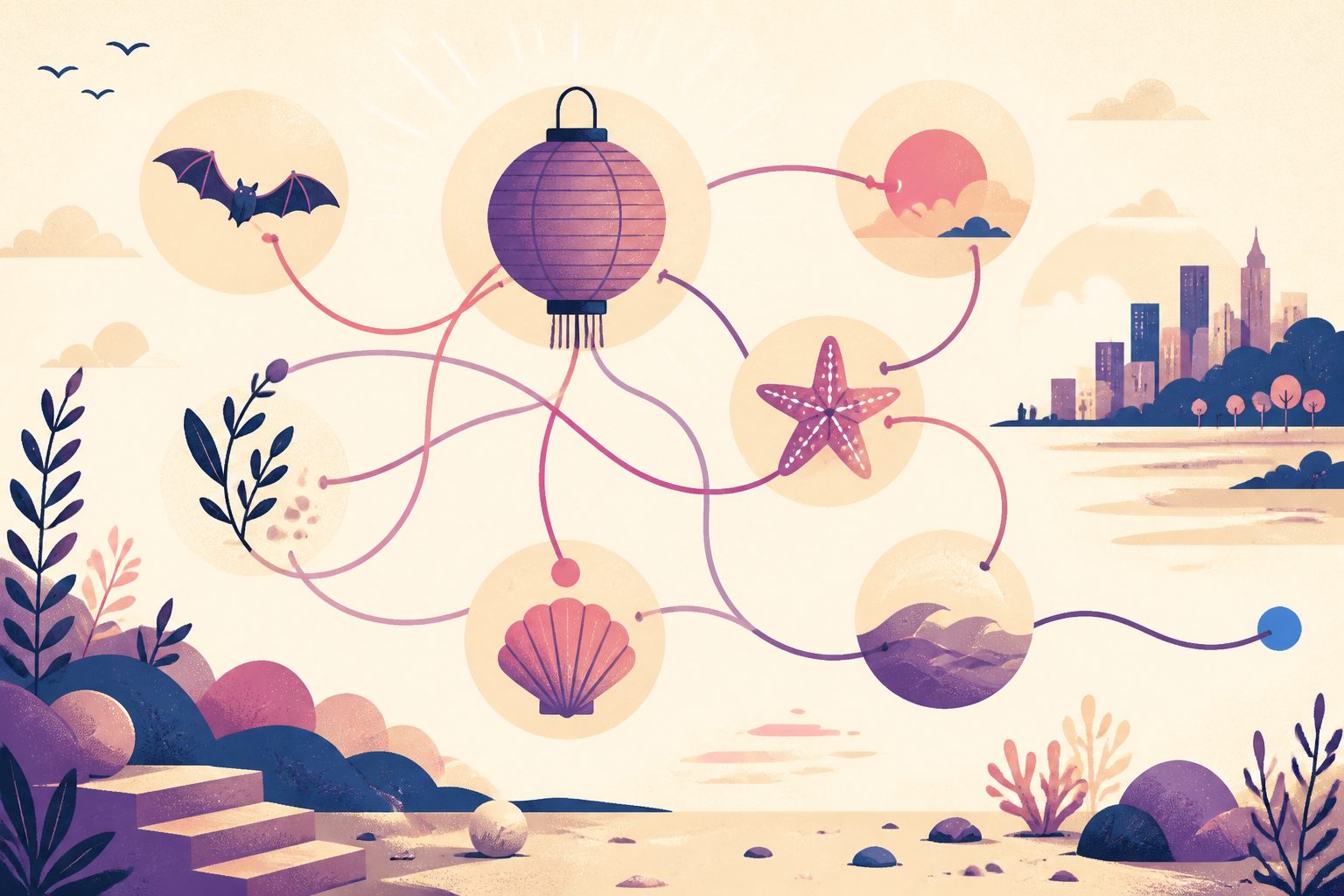 An abstract constellation of glowing plum and pink threads connecting simple round shapes shaped like a lantern, a bat silhouette, a starfish, and a distant city skyline, on a warm cream background.