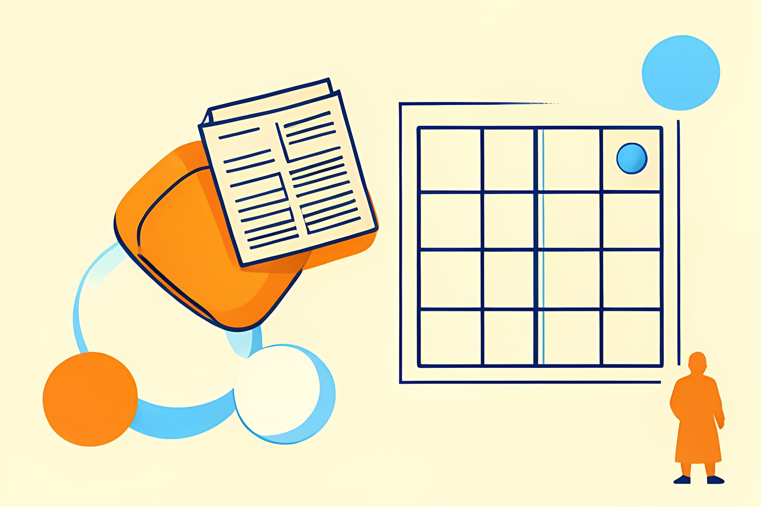 A text-free diagram of blank rounded tiles and a blank crossword grid arcing from a small vintage newspaper page into a glowing grid of squares, with one small round blue dot in a corner.