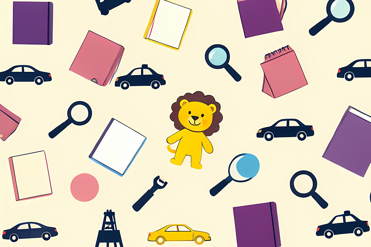 A bright flat pattern of small blank notebooks, magnifying glasses, unmarked city taxis and steel-mill shapes, with one child-sized yellow lion costume breaking the repetition and a tiny blue dot.