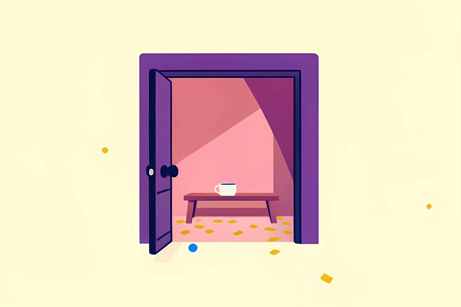 A bright, person-free theatre hallway where a small plum doorway opens into a roomy sunlit stage set, with a blank coffee cup on a low table and a tiny round blue dot tucked by the threshold.