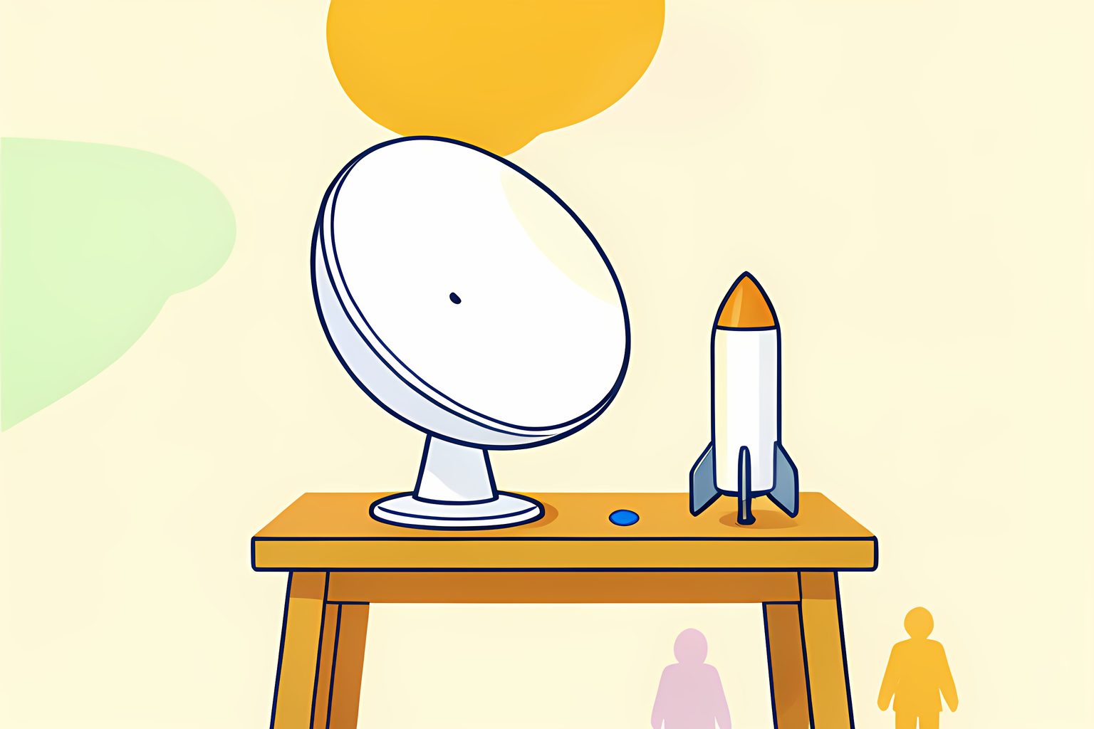 A white satellite dish resting on a low wooden table beside a small model rocket, warm side light, a small blue dot on the tabletop.