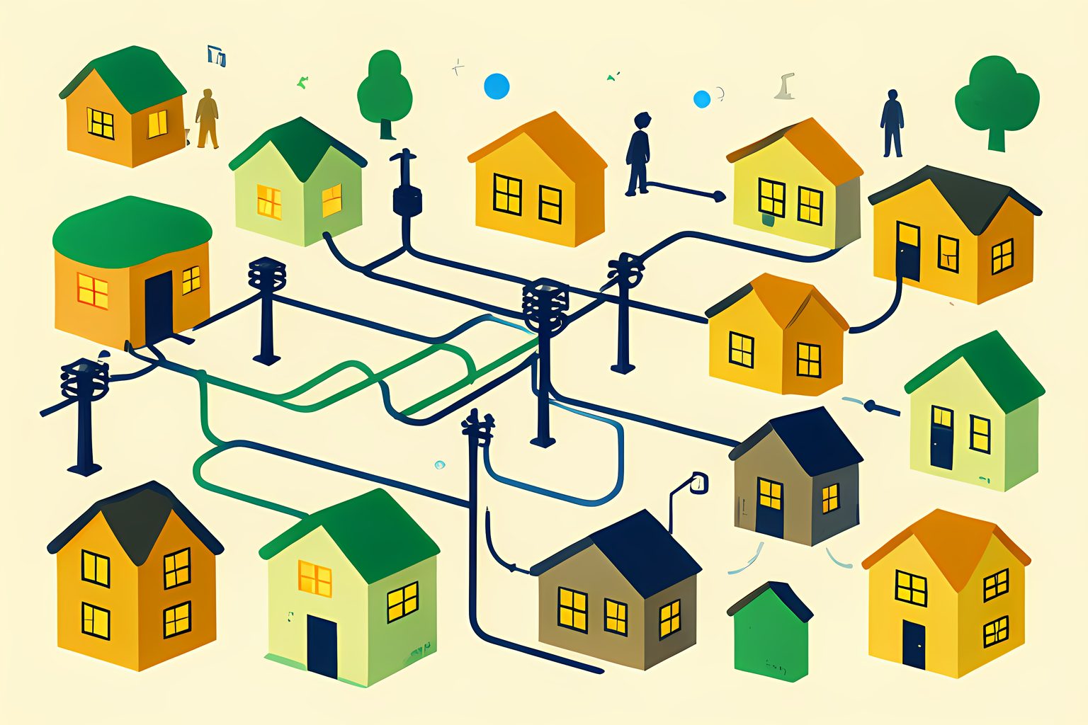 Stylized sunny neighborhood grid with a substation feeding branching lines toward rows of homes whose windows glow back on in sequence, with no people or text.