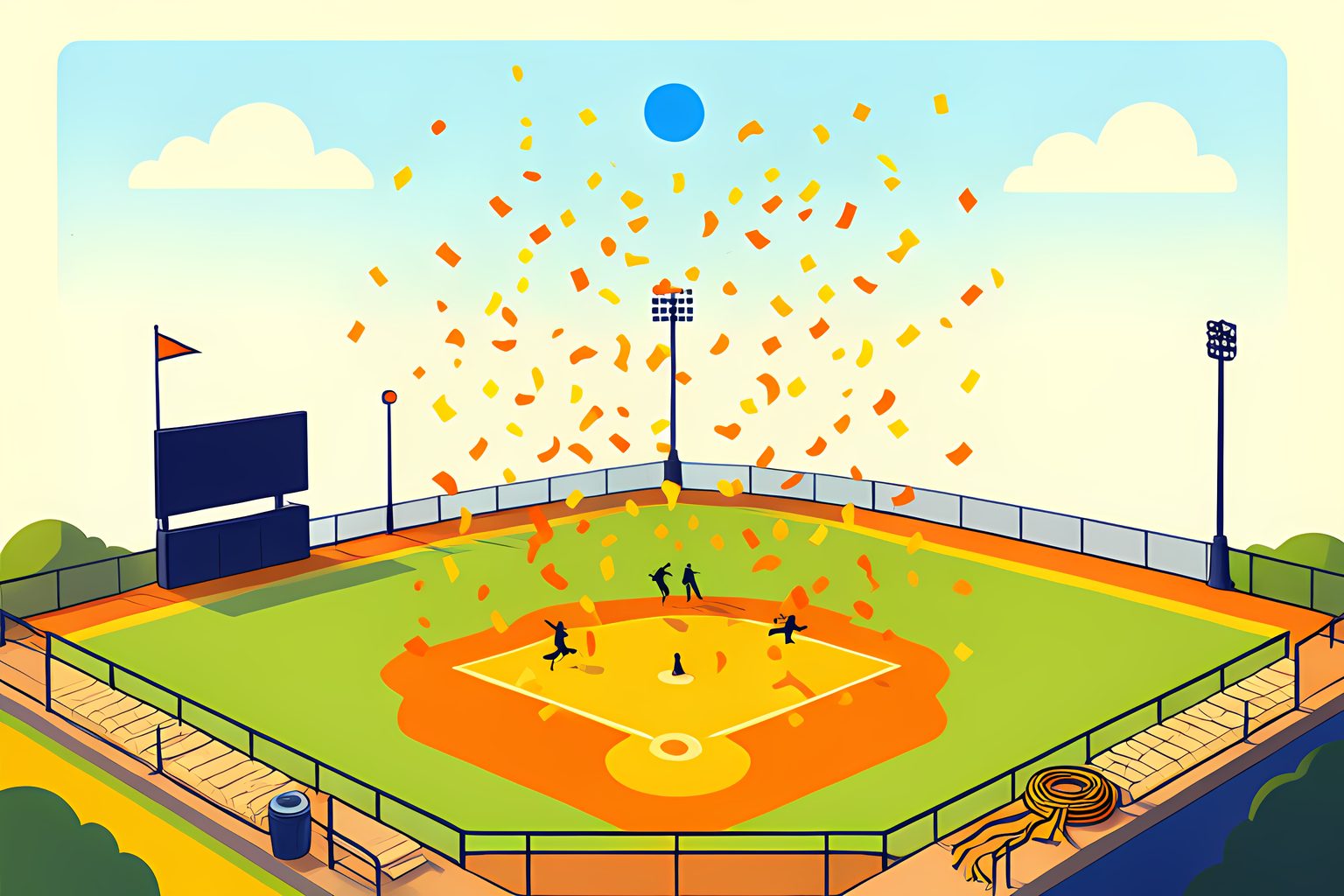 A bright illustrated ballpark at midday seen from high above the outfield, with confetti drifting over the infield, a blank scoreboard and a sunny sky.