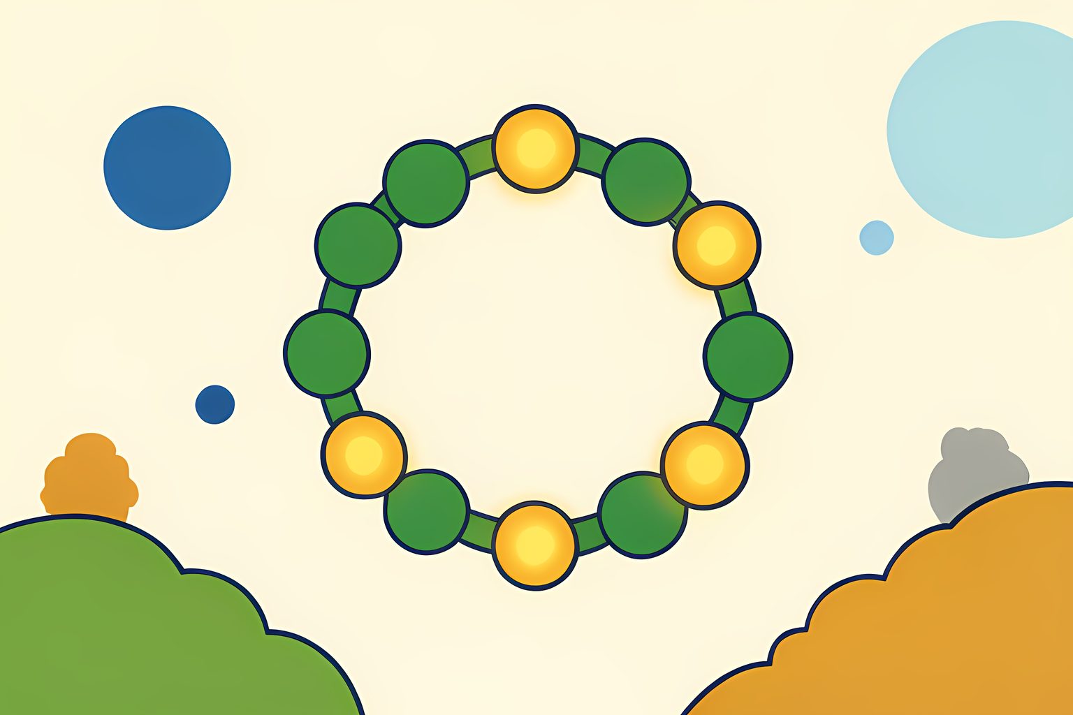 A diagram-like illustration of small glowing amber discs passing in a ring among a few connected forest-green nodes, one tiny blue dot off to the side, on a cream field with no text.
