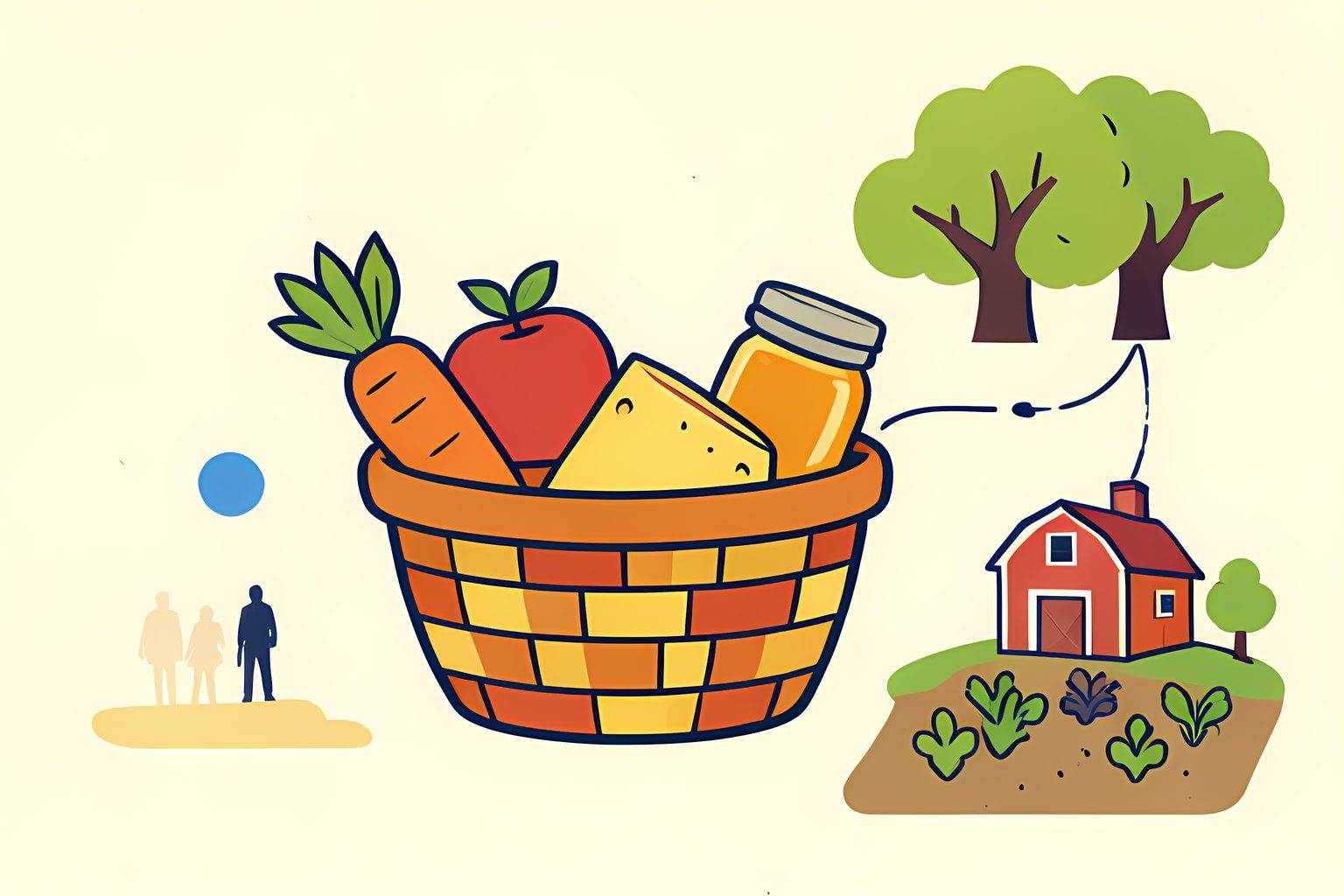 Stylized flat illustration of a basket holding apples, carrots, cheese, and honey, linked by simple threads to a tiny orchard, dairy barn, and vegetable patch.