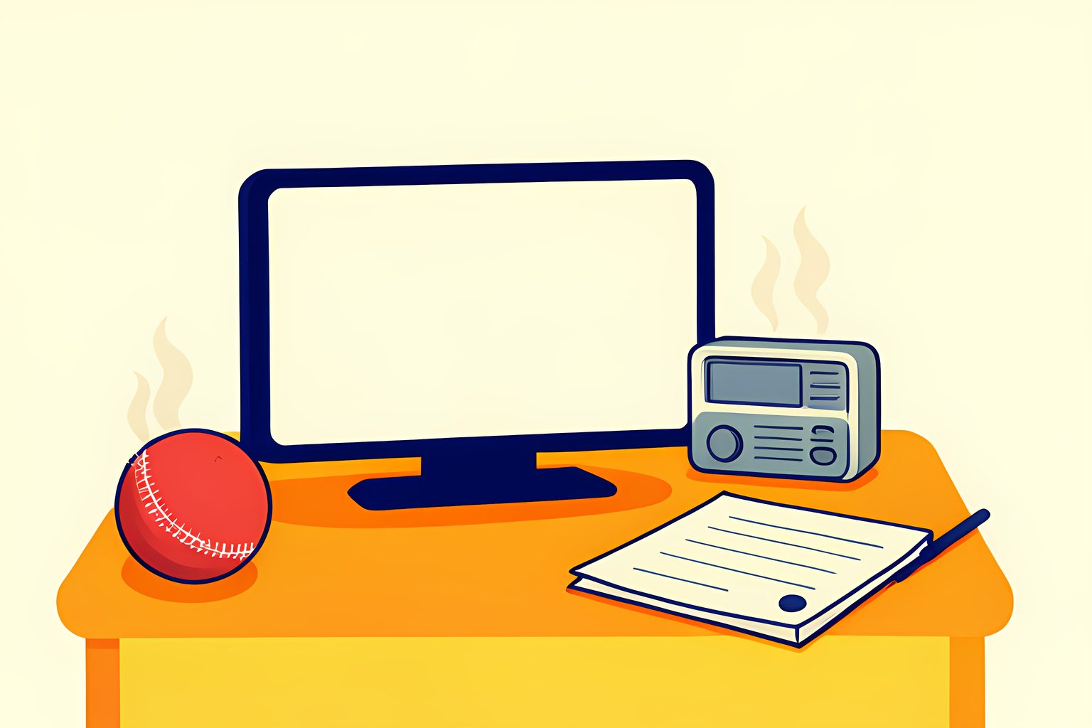 A blank television screen, a small radio, a steaming cup and a red cricket ball arranged on a sunny low table.