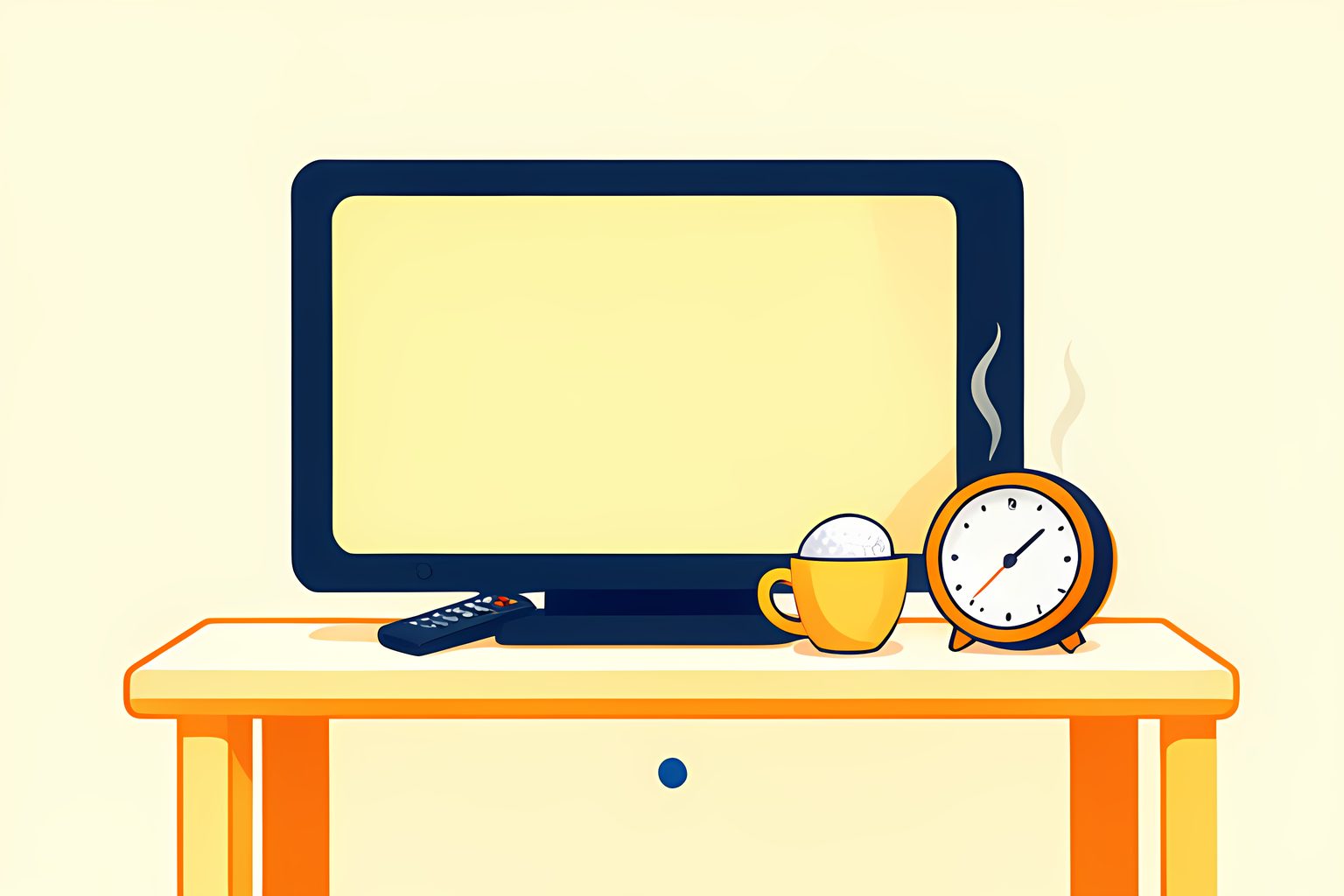 A blank television beside a plain remote, a golf ball and a small clock on a sunny low table.