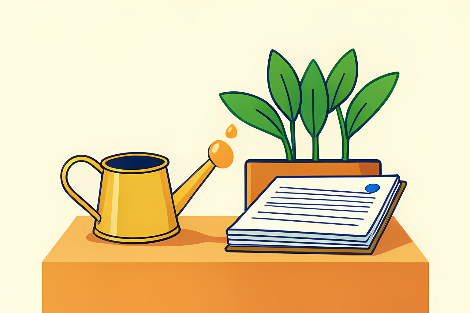 A text-free brass watering can sends four amber droplets toward four green shoots beside a blank account ledger on a sunny low table.