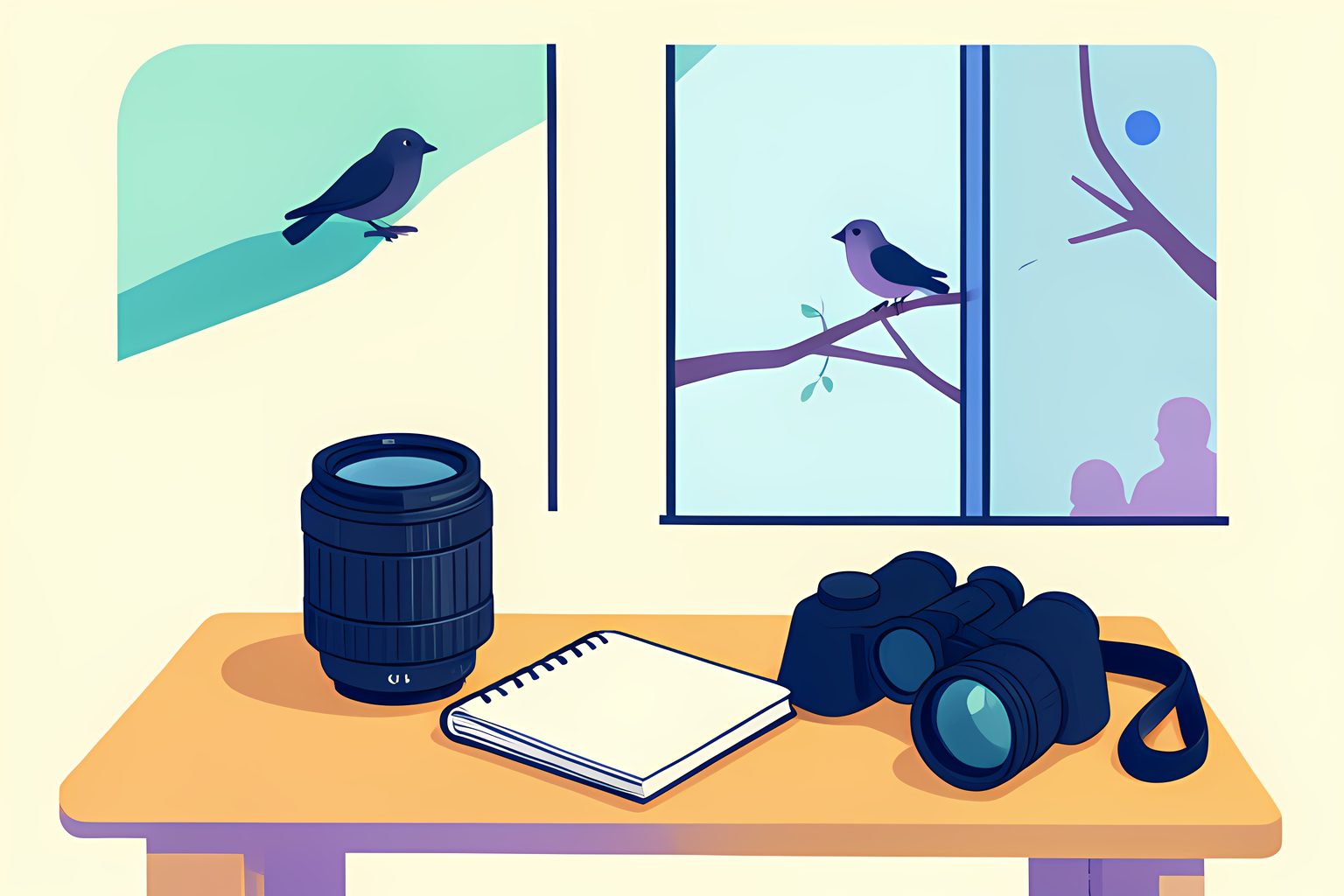 A bright flat still life of a long camera lens, blank field notebook, binoculars and camera strap on a sunny low table, with a distant bird on a branch beyond the window and a tiny blue dot.