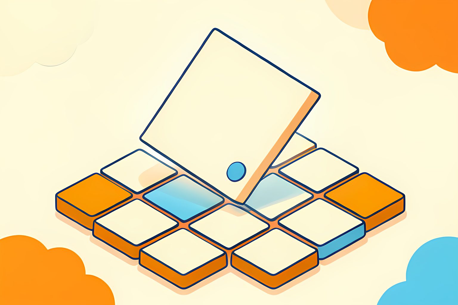 One blank tile lifted and glowing softly above a neat grid of identical blank tiles, with a small round blue dot in the corner.