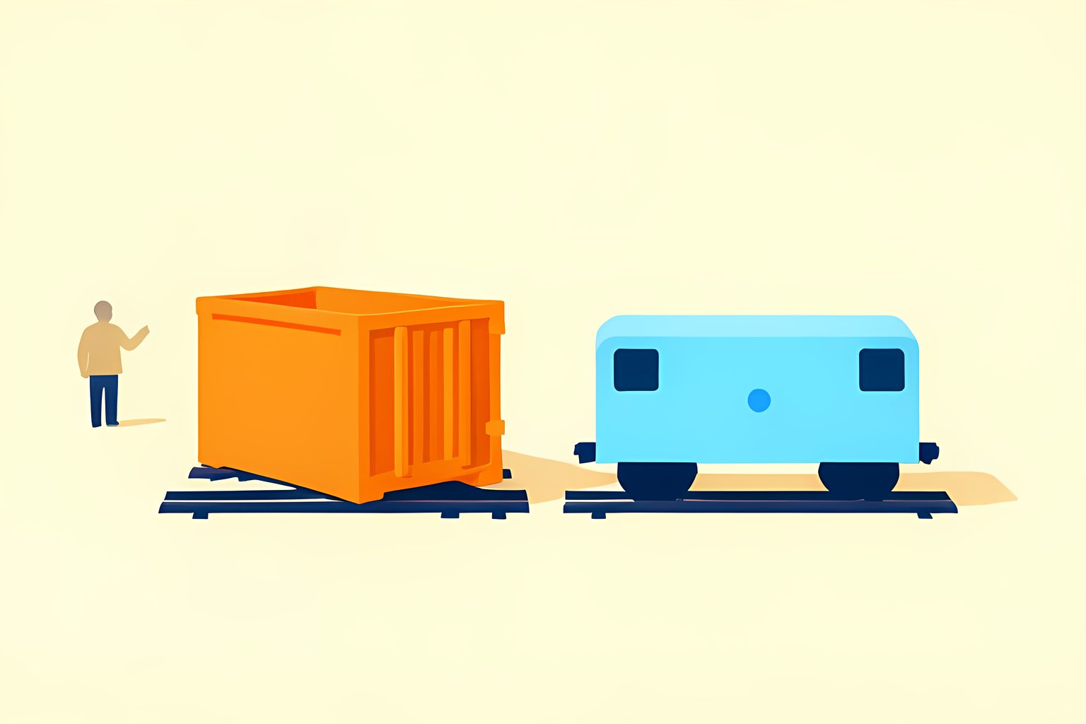 A text-free sunny still life of two separate sets of small rail tracks, one beside a blank cargo crate and one beside a compact unbranded light-rail car, on a warm cream table.