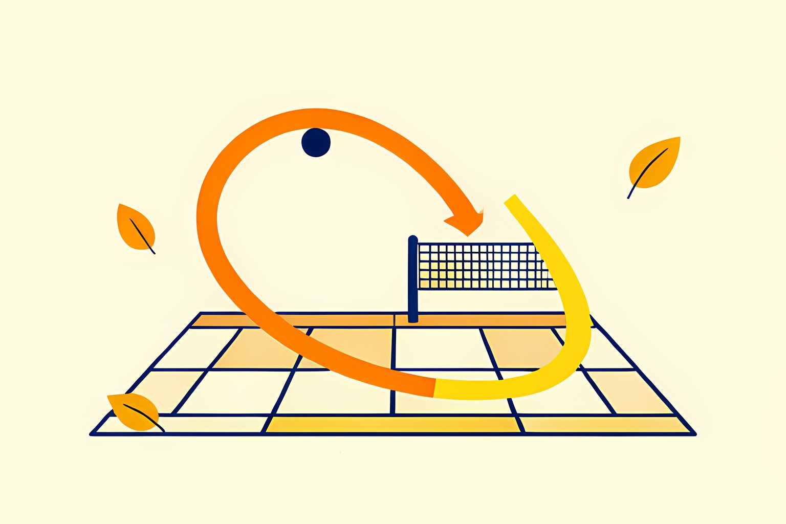A sunny text-free editorial diagram of two differently curved tennis-ball paths meeting at a blank net, with one path rising high and the other traveling low and fast, plus a tiny blue dot.