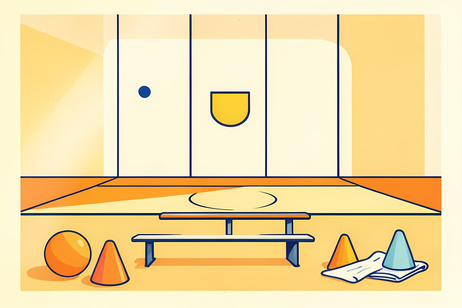 An empty basketball court in warm morning light with one orange ball beside the sideline bench.