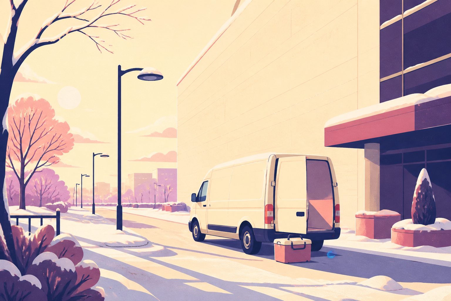 Flat editorial illustration on warm cream in plum-purple and dusk-pink light of an isolated courier van parked under a towering hospital wall during a quiet snowstorm, with a small round blue dot near the rear tire.