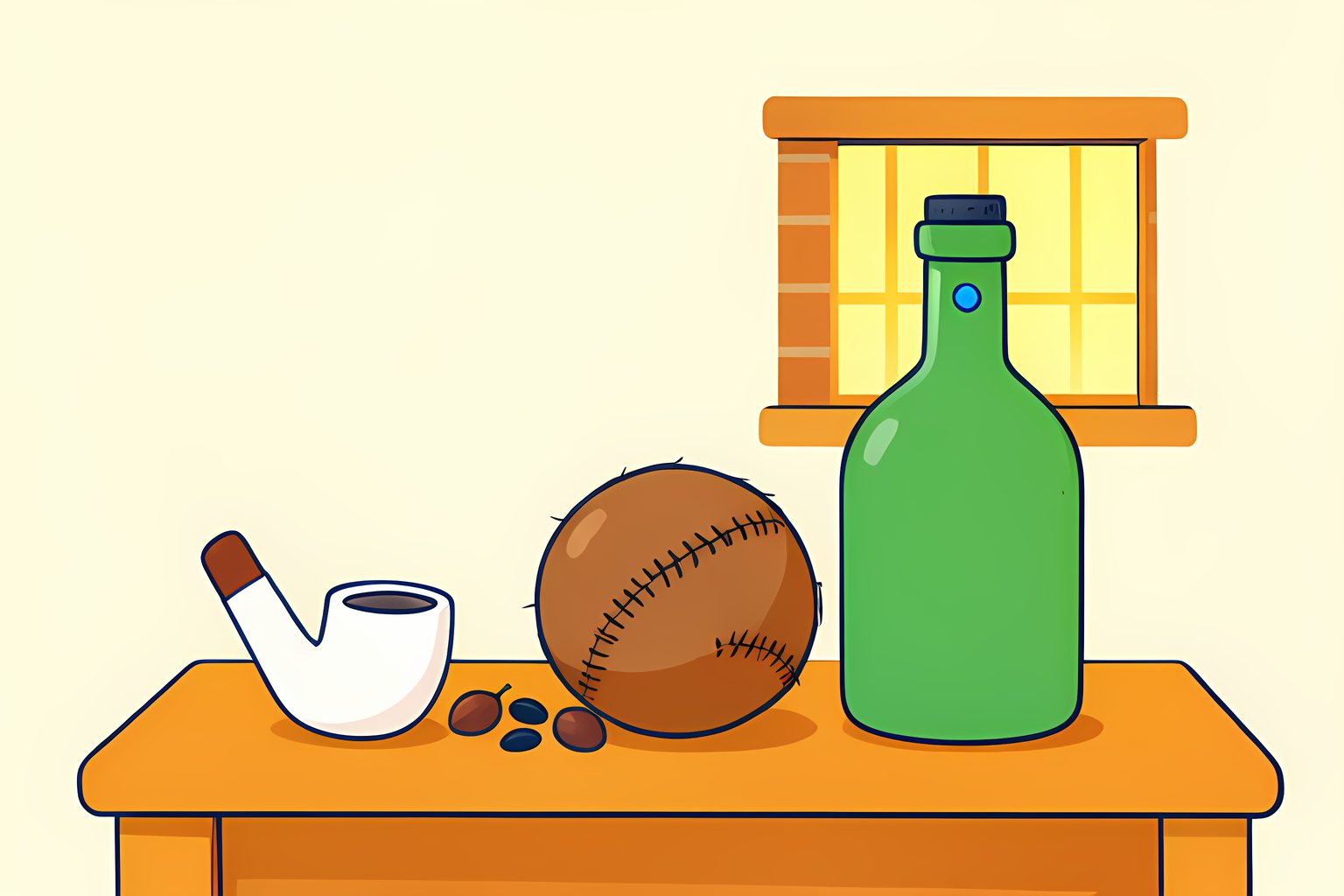 A still life on a low wooden table: a clay pipe, a scatter of cherry pits and watermelon seeds, half a coconut shell and a worn baseball in warm side light.