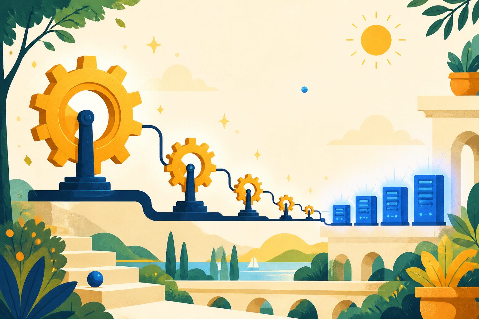 An abstract flowing diagram where a chain of identical gear shapes shrinks by half at each link, the smaller gears glowing warm gold, transitioning into a row of server-tower shapes glowing cool blue at the far end.