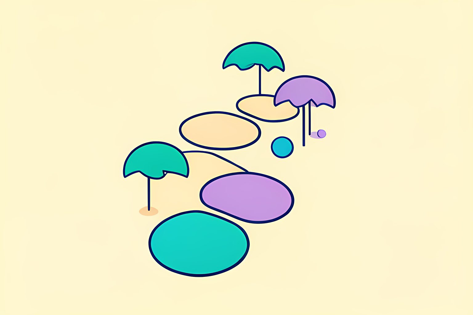 A text-free, diagram-like garden path with a sequence of rounded stepping stones, each opening a small leaf canopy at a different point, in teal and soft violet with a tiny blue dot and no people.
