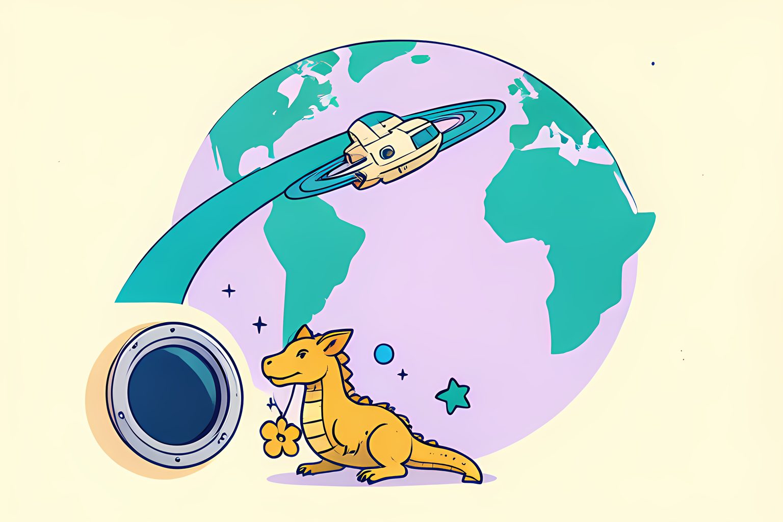 Stylized wide editorial illustration of a small unmarked spacecraft crossing a bright blue orbital arc above a warm cream Earth, with a tiny golden crocheted dragon and clover-shaped charm in the foreground.