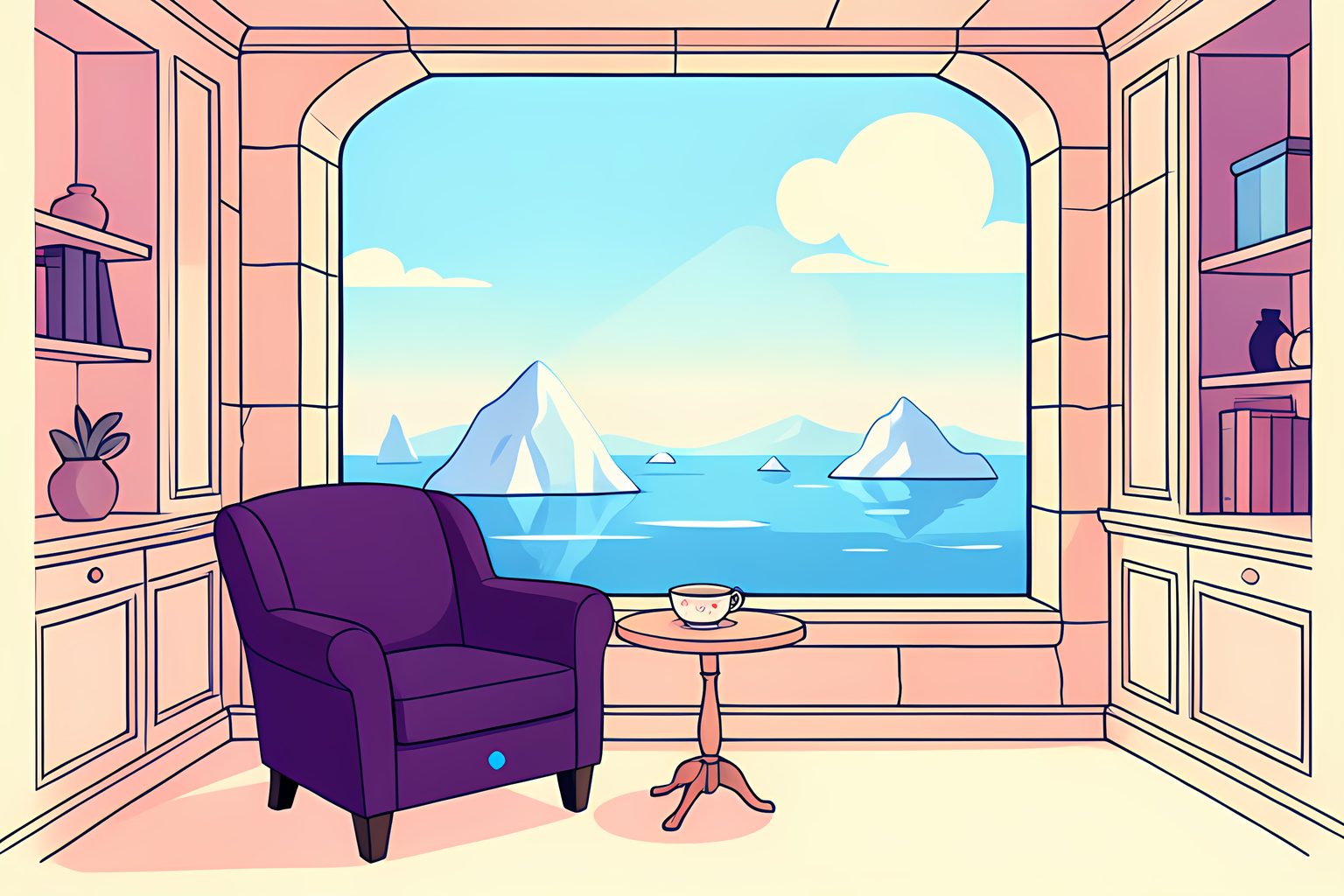 A warm vector illustration of a lavish Arctic estate with an empty velvet armchair beside a large panoramic window overlooking icy blue seas.
