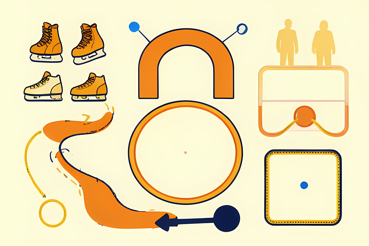 A text-free, person-free stitched pathway linking three pairs of small hockey skates, a campus arch, a rink center circle and one blank sleeve patch on warm cream paper.