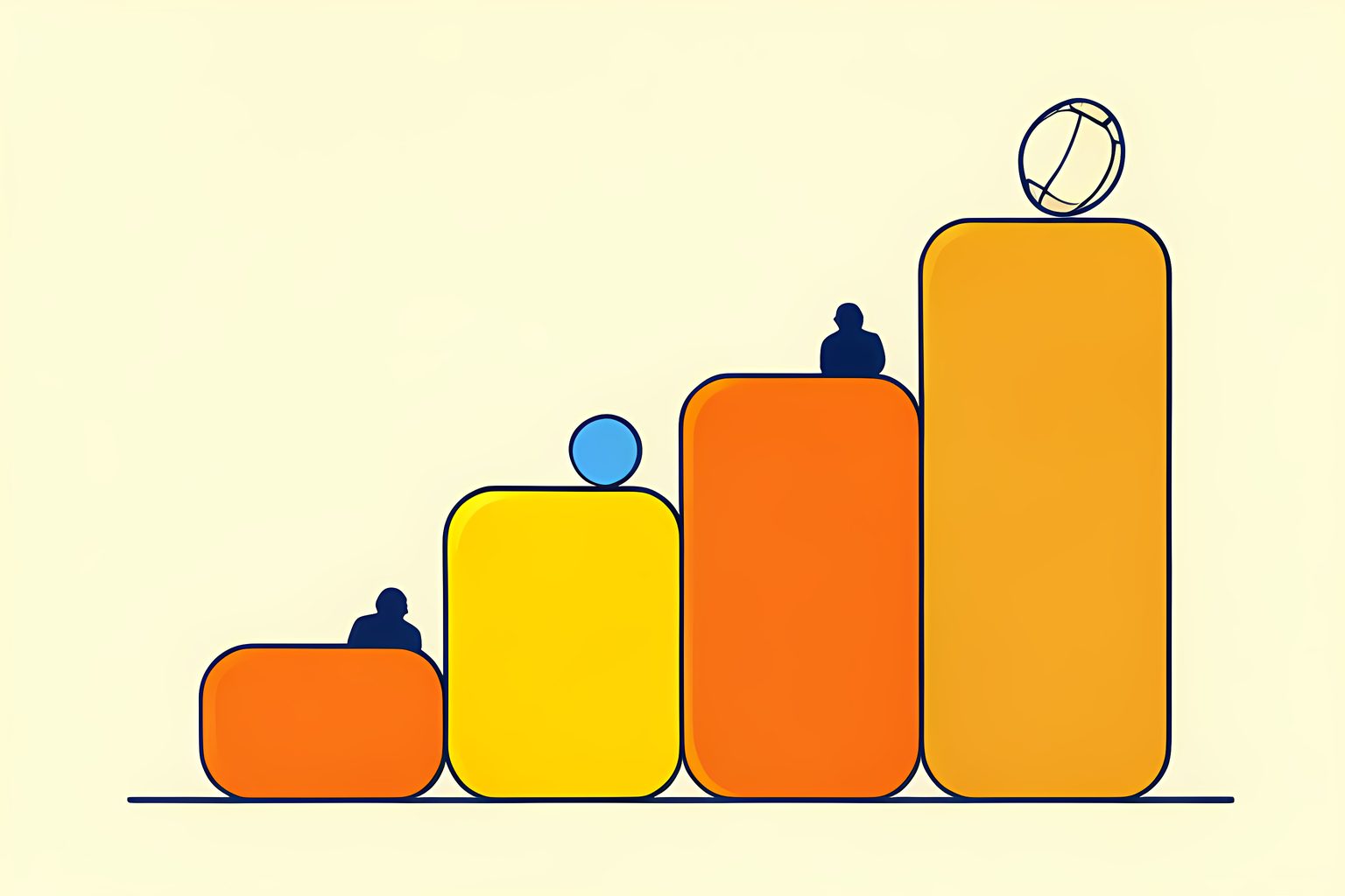 An abstract staircase of eleven cream and orange blocks rising unevenly across a sunny wall, with two blocks glowing gold as if they belong together and one small empty step waiting at the end.