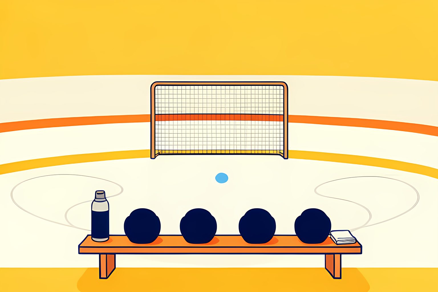 A sunny empty ice rink stretches toward a single unmarked net while four blank goalie masks rest in a neat row on the bench, with a tiny blue dot tucked into the rink boards.