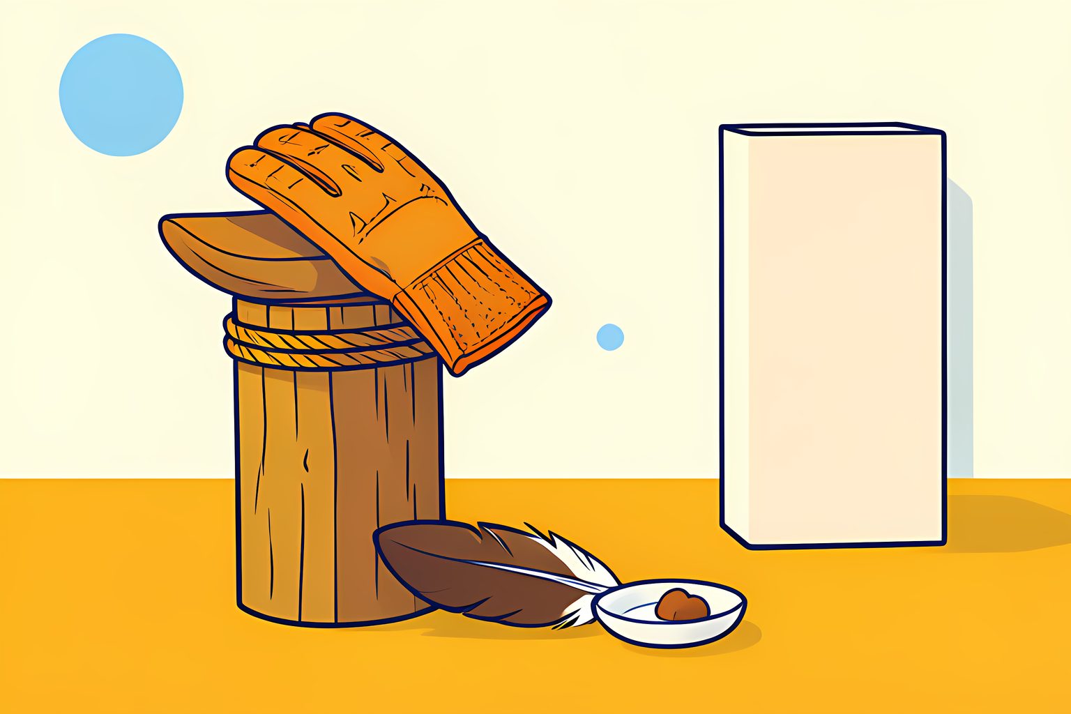 A worn leather falconry glove resting on a wooden post beside an empty eagle perch in bright morning light, with a small frozen treat on a dish nearby.
