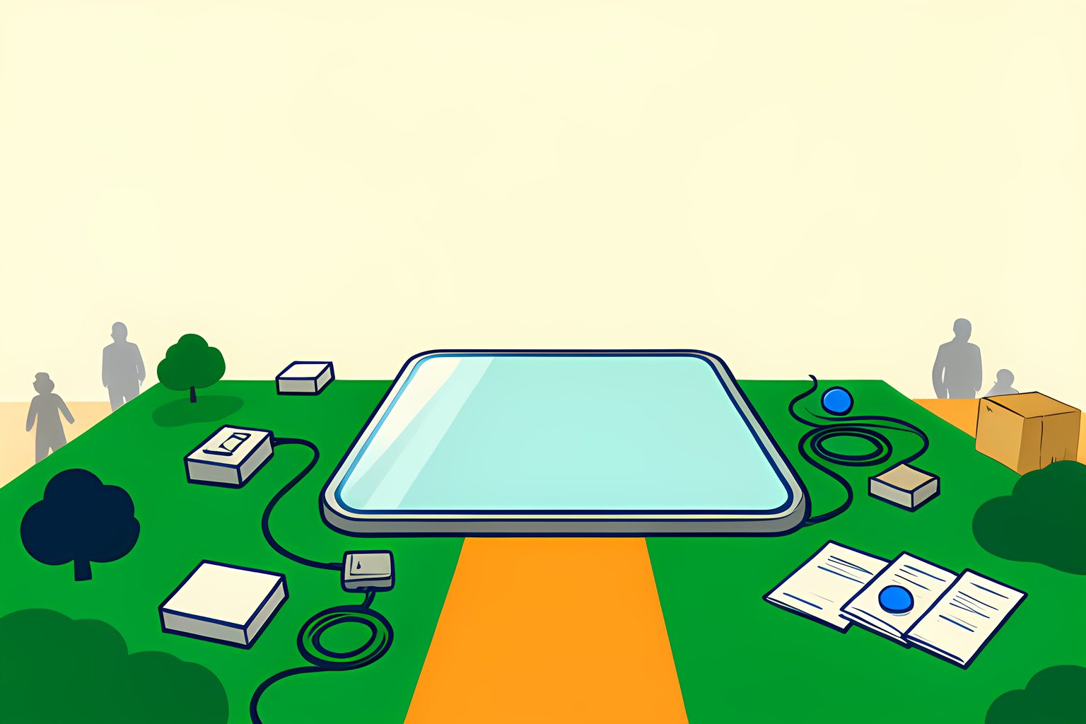 A bright, text-free, person-free data-center scene with a large unmarked chip-like tile at center, small forest-green and amber tiles linked by curved paths, a row of blank receipt-shaped cards, and a tiny round blue dot on warm cream.