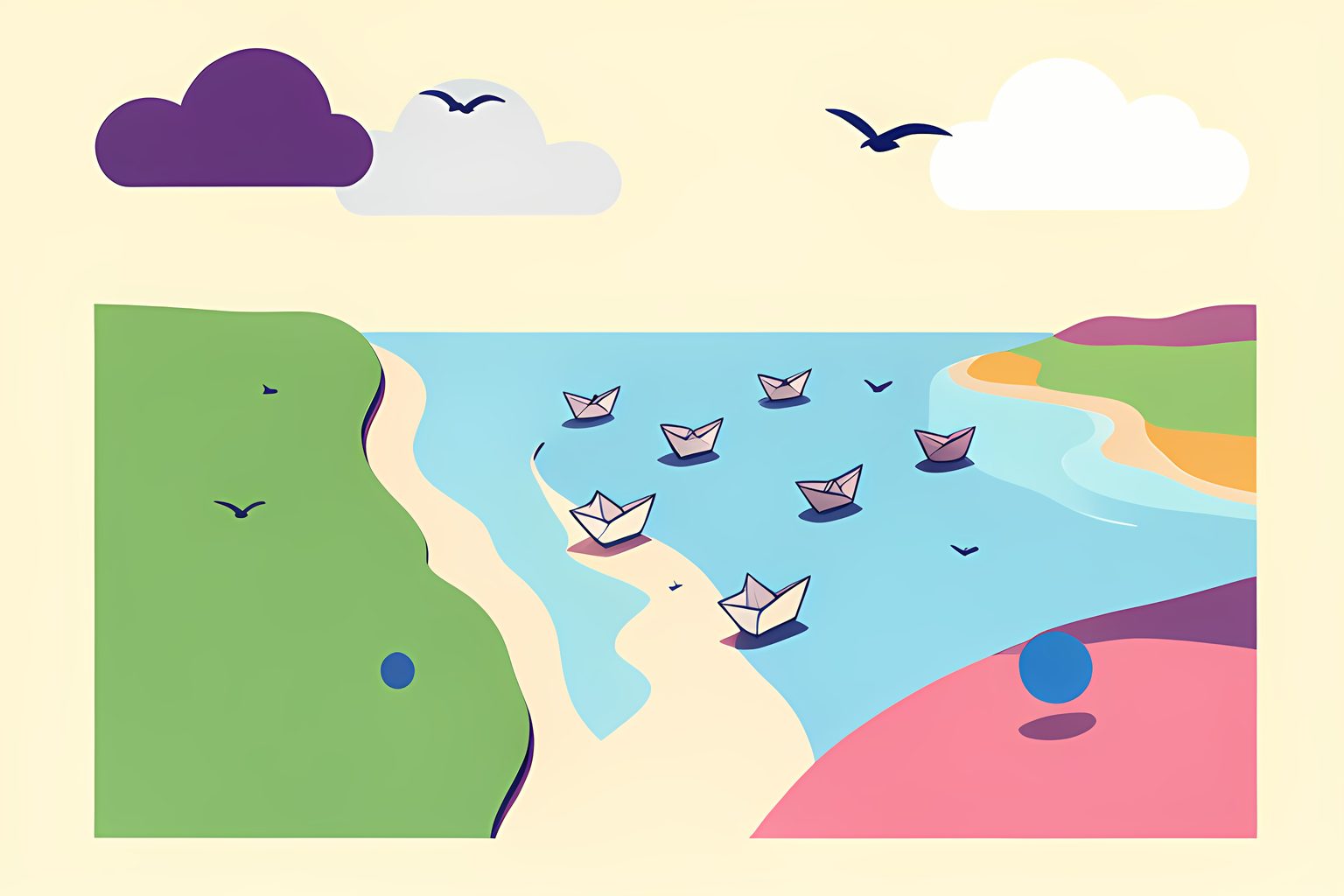 A warm stylized map with no labels, where a trail of small paper boats made from blank book pages sails from a green coastline across a sunny ocean to several distant shores.