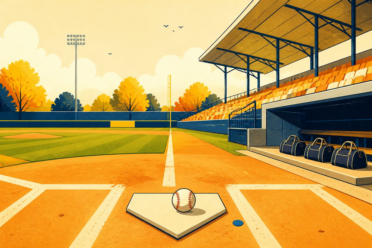 A leather baseball resting on home plate under bright morning stadium lights with a chalk foul line extending toward the outfield