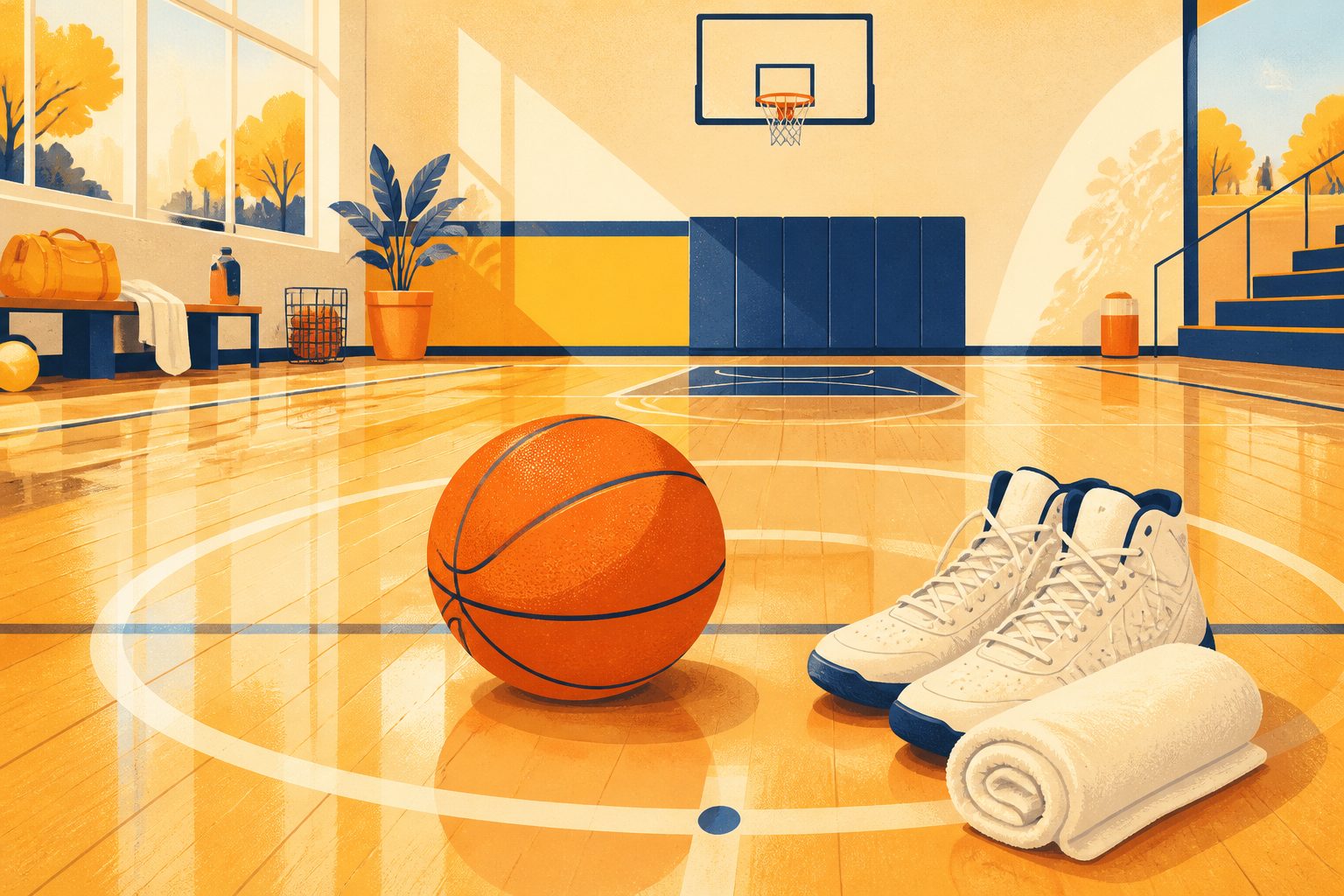 A basketball at rest in the center circle of a polished hardwood court with bright morning sunlight streaming across the grain